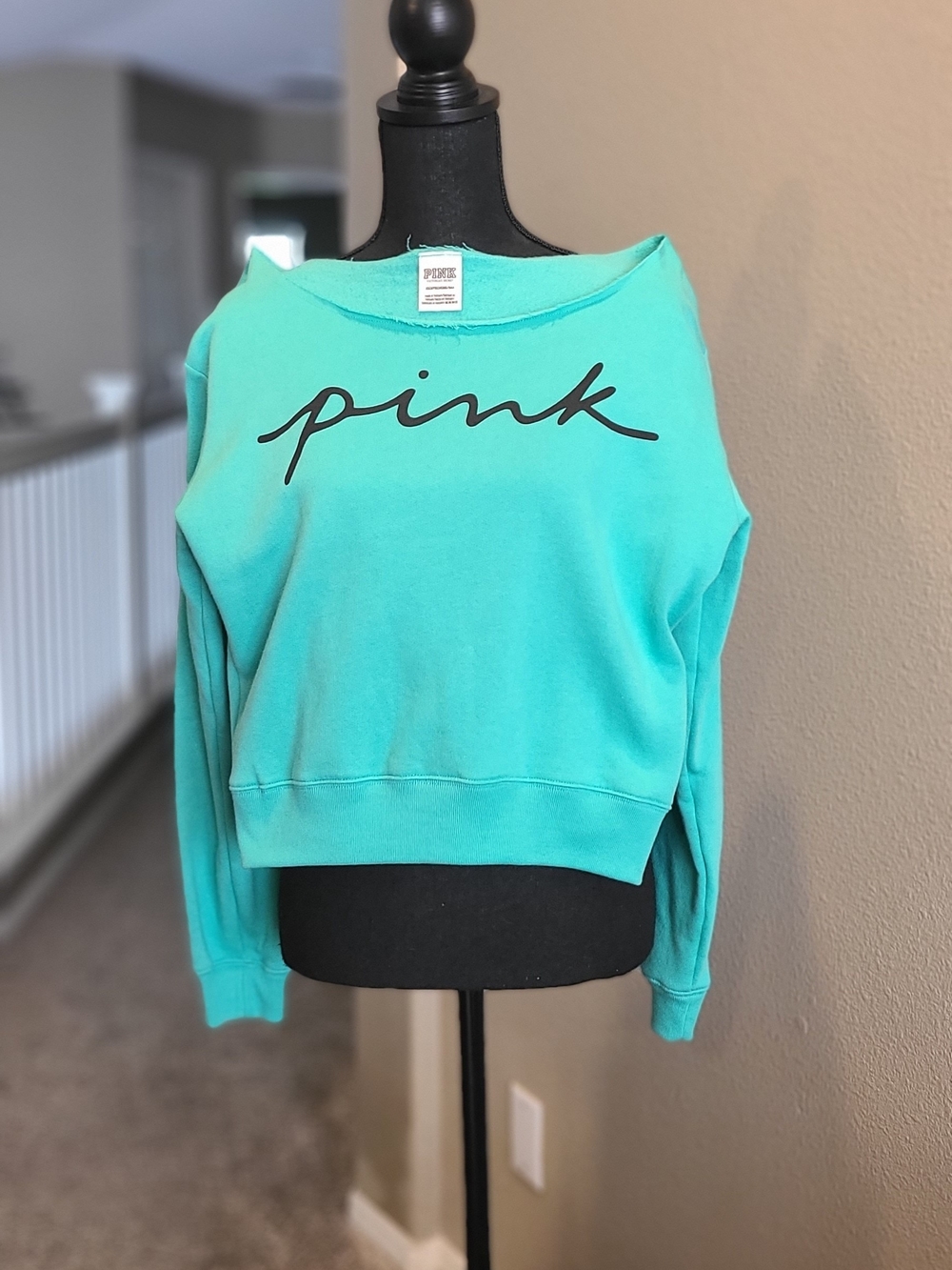 PINK Victoria's Secret Teal Green Sweatshirt Pullover with Cut Away Neck